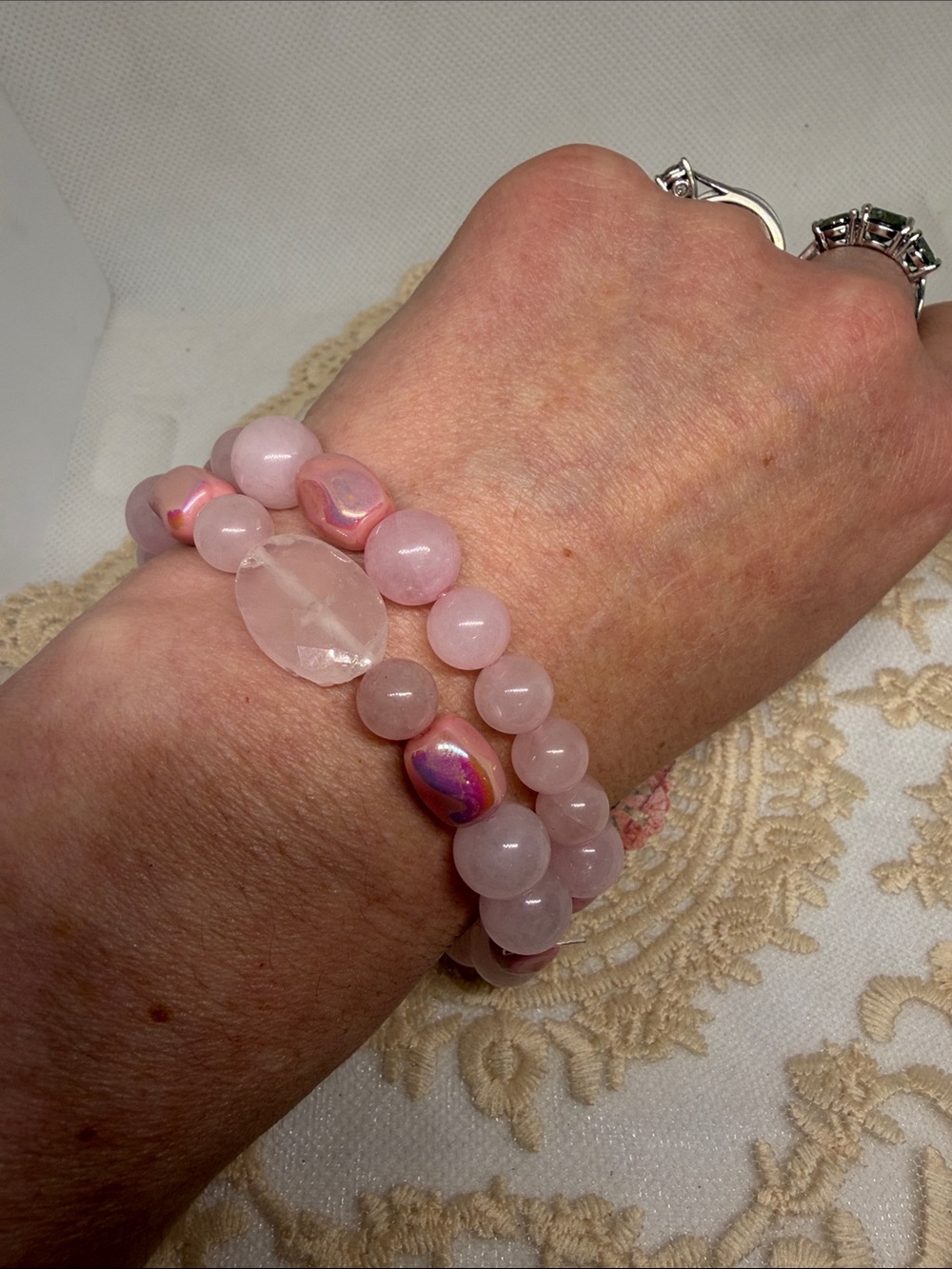 Handmade Rose Quartz & Vintage Pink Aura Bead Bracelet Duo Romantic Cottagecore